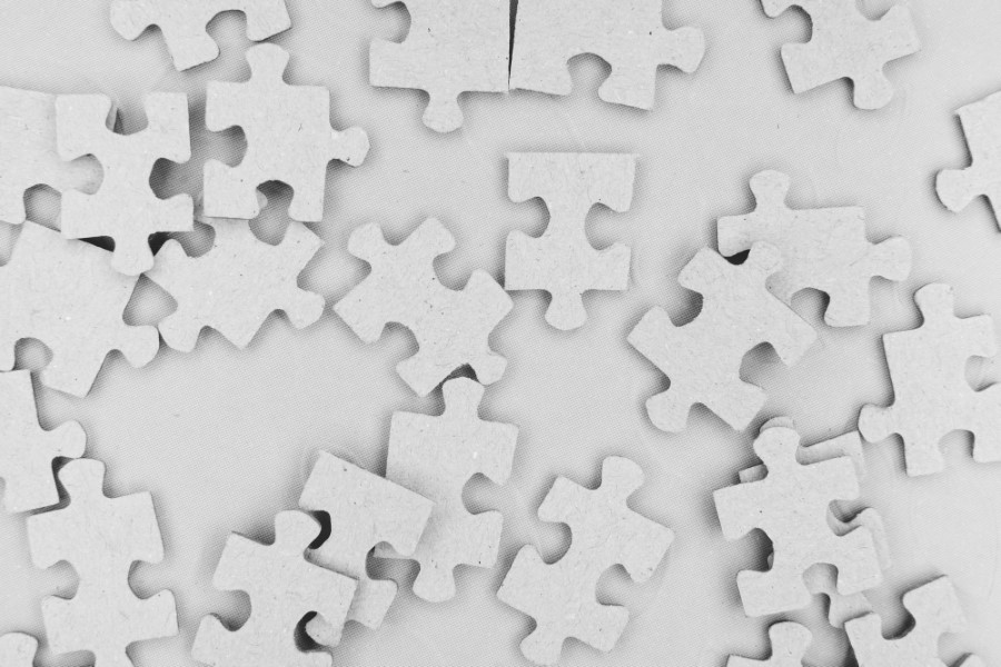 Photo of around 20 white puzzle pieces against a white background