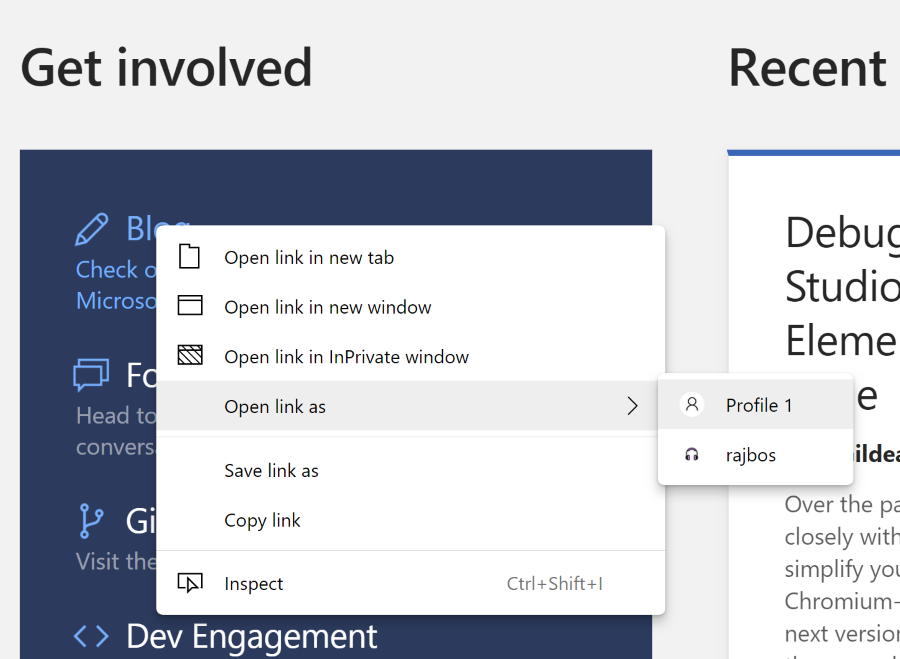Open link in different personas in Edge Dev