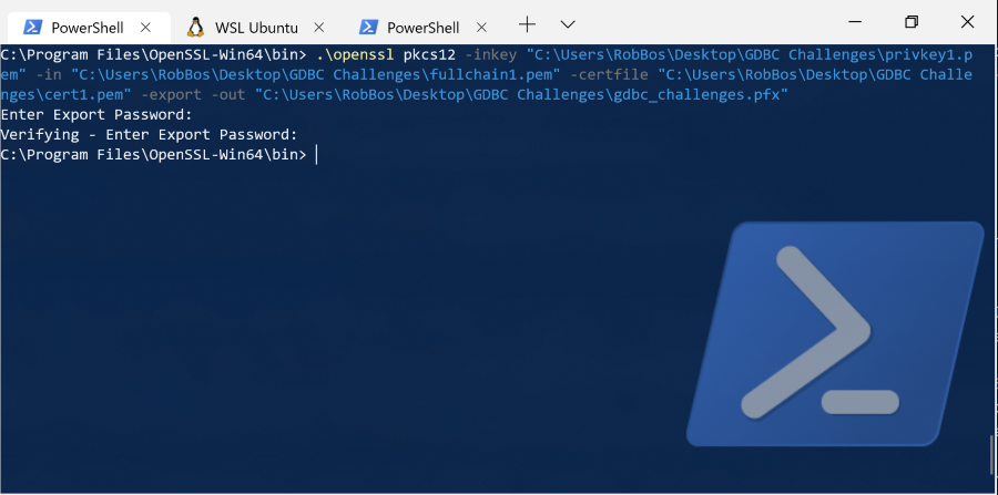 Powershell command to convert the pem files to a pfx