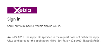 Error message from Azure Active Directory