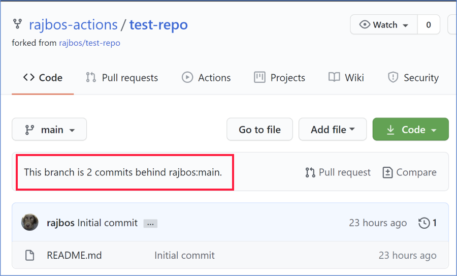 GitHub UI Message that the repository is 2 commits behind the parent repository